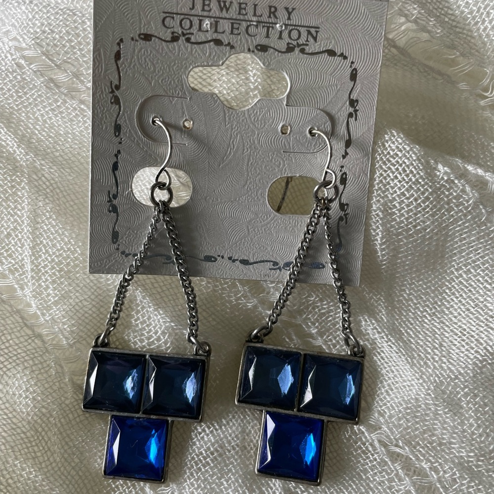3 Pairs - Blue square bead, copper tone hoop, yellow button screw earrings